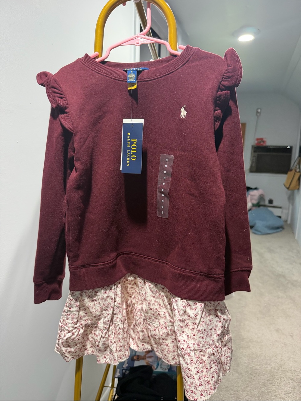 Polo by Ralph Lauren Girls' Burgundy Ruffle Shoulder Sweatshirt Dress